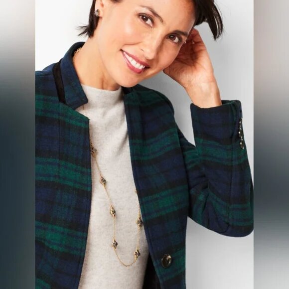 Talbots Black Watch Velvet Trim Plaid Blue & Green Holiday Wool Blend Blazer 12 - Picture 4 of 10